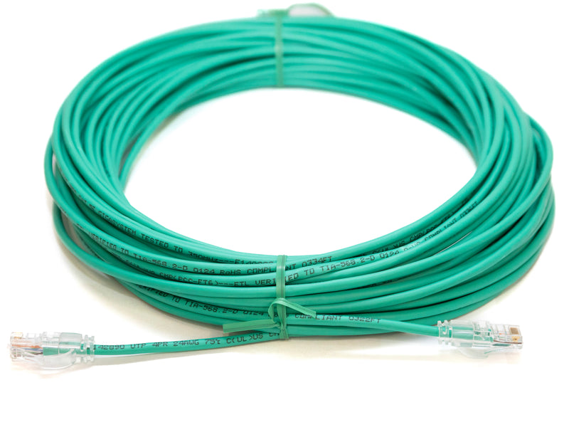 RJ45 Male to Male. Plenum rated cat5e cable with Slim Clear boots. UTP Green.