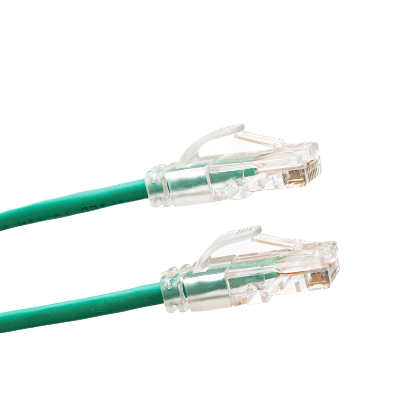 RJ45 Male to Male. Plenum rated cat5e cable with Slim Clear boots. UTP Green.