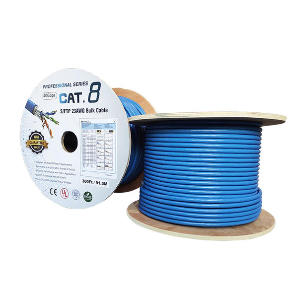 300 Foot Cat.8 Solid S/ FTP Bulk Wire 23AWG 40Gbps Blue