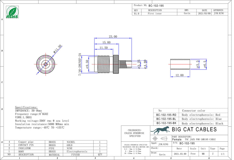 TNC Female Black Crimp connector for LMR195, RG58
