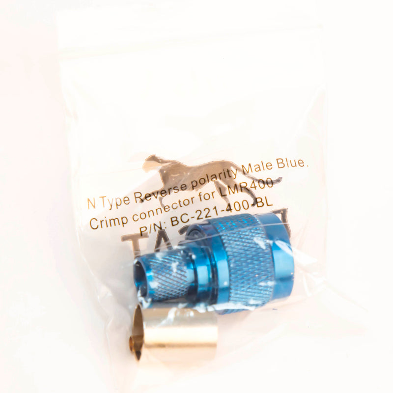 N Type Reverse Polarity Male Blue. Crimp connector for LMR400, Belden 9913