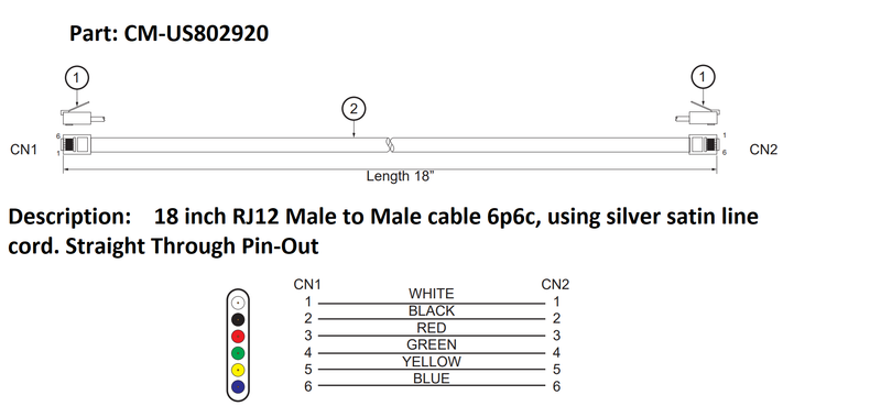 18 inch RJ12 Male to Male cable 6p6c, using silver satin line cord. Straight Through Pin-Out