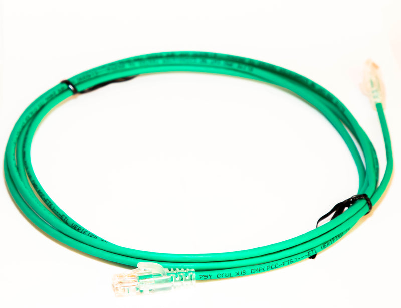 RJ45 Male to Male. Plenum rated cat5e cable with Slim Clear boots. UTP Green.